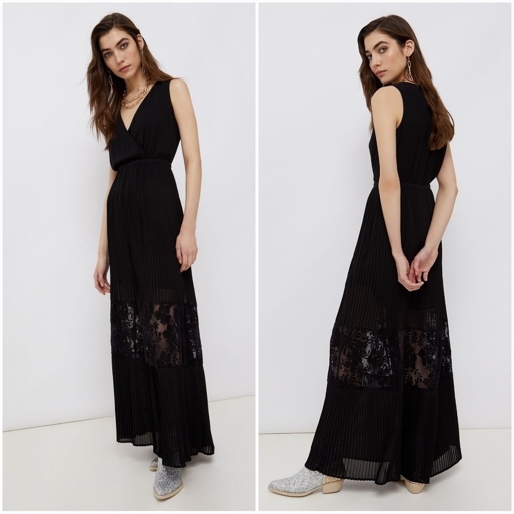 Eklettika Made in Italy Long Black Dress with Floral Tulle